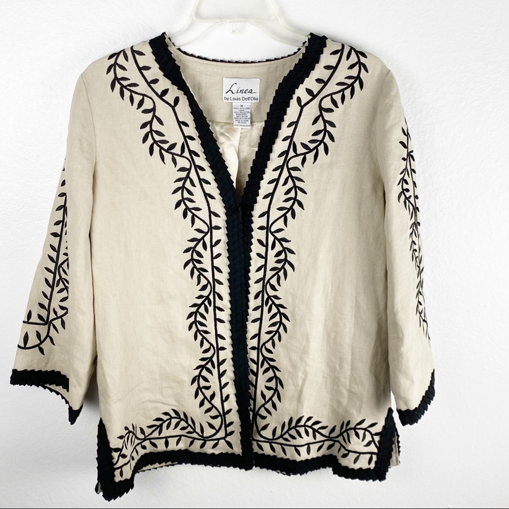 LINEA by Louis Dell’Olio 100% Linen Black Embroidered Jacket Medium Boho Casual